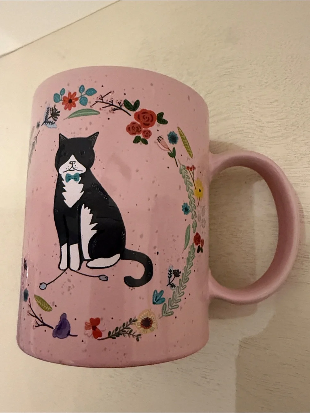 Cynthia Rowley Pink Cat Ceramic Mug with Floral Design